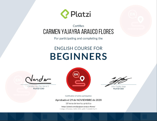 Certificado English Cours for beginners - Platzi