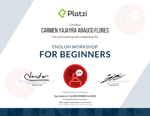 Certificado English workshop for beginners - Platzi